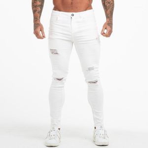 Süper Yüksek Belli Kot Pantolon toptan satış-Erkek Jeans Gingto Beyaz Erkekler Yüksek Bel Yırtık Sıska Sıkı Erkek Süper Sprey Pantolon Bırak Büyük Boy ZM551