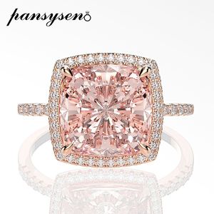 PANSYSEN 10MM Square Morganite Gemstone Rings for Women Solid 925 Sterling Silver Sparking Cocktail Ring Wedding Fine Jewelry 201006