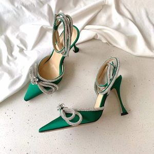 Sandali da donna suola in pelle designer tacchi alti 9,5 cm Luxurygreen catena di diamanti decorazione banchetto scarpe da donna faccia di seta pantofole da scarpe formali sexy