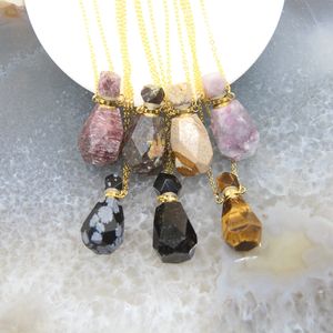 Charms Natural Obsidian Faceted Perfume Bottle Pendants Necklaces,Pink Tourmaline Quartz Essential Oil Diffuser Vial Jewelry