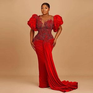 Red Velvet Prom Dresses Wth Puffy Rękawy Sheer Neck Aplikacje Beafs African Women Aso Ebi Ebi Suknia Plus Size Vestidos