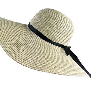 女性Chapeau Femme Sun Beach Panama Straw Hat大きいブラックリボン弓バイザー骨女性キャップY200714
