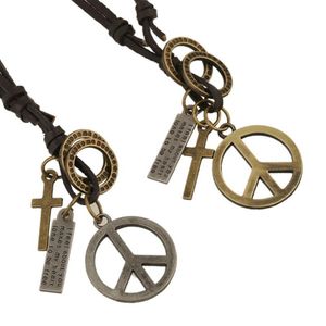 Hängsmycke Halsband Boho Gypsy Hippie Punk Cow Leather Alloy Vintage Peace Sign Cross Graved Loop Tag Charms Wrap Justera Unisex halsband