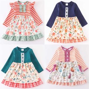 Girlymax Autunno Neonate Chlidren Abbigliamento per bambini Seta di latte Zucca Abito a spirale floreale Lunghezza al ginocchio Manica lunga Ruffles 220106