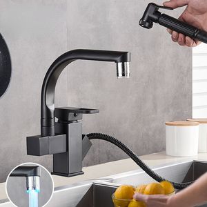 LED oder nicht schwarzer Küchenhahn Herauszieh Bidet Spray Deck Mount Hot Cold Mixer Tap 360 Rotation Drehwagen Waschbeckenkran