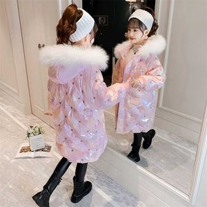 Garotas de inverno colar de pele de algodão casaco de algodão mid-length crianças acolchoado de neve morno jaqueta miúdos moda impermeável outwear TZ788 211222