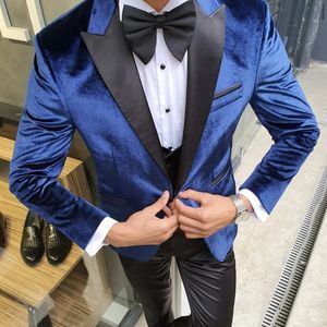 Fashion Royal Blue Velvetの男性のためのウェディンググロールタキシード2ピースカスタムメイドファッションセットジャケット（ジャケット+ブラックパンツ）