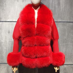 Yoloagain Moda Ciepłe Kobiety Bubble Rękawy Real Fox Fur Collar Sweter Wełny Karstracyjna Kurtka 201103