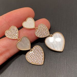 Lovely cute diamond zirconia shell heart dangling earrings fashion luxury designer pendant stud earrings for woman girls gifts chandelier