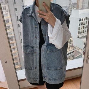 Cappotto gilet di jeans allentato oversize casual da donna Giacca senza maniche in denim cool di base femminile Streetwear gilet vintage grande tasca1