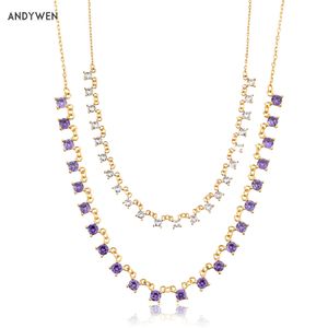 Andywen 925 plata esterlina oro púrpura circón cz encantos cadena lujo gargantilla collar mujer lujo lujo caro gemas completa joyería q0531