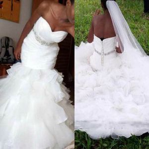 African White Plus Size Mermaid Wedding Dresses 2021 Sweetheart Pleat Tiered Ruffles Crystal Sash Trumpet Wedding Gowns