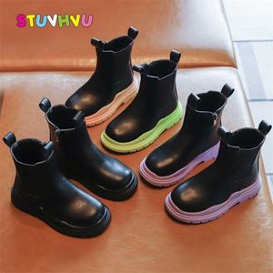 Children's Shoes Autumn Fashion Girls Boots Black Leather Martin for Boy Kids Ankle School Sports 26-36 211227