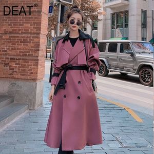 [DEAT] New Autumn Fashion Women's Trench Coat Casual Solid Thick Over Long Full Sleeve Lapel Collar Elegant With Belt TX178 201111