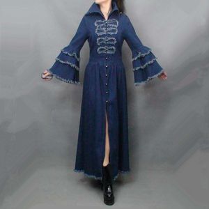 무료 배송 여성을위한 패션 긴 맥시 트렌치 드레스 빈티지 데님 겉옷 Tassels 플레어 슬리브 플러스 사이즈 로얄 코트 S-XL 201031