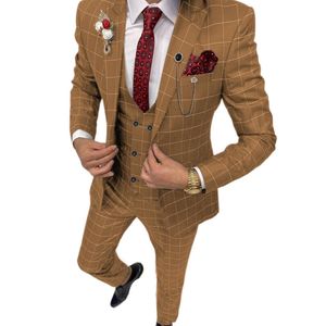 Mens sommardräkt 3 stycken Mensbrun kostymer Plaid Slim Fit Wedding Suits Groom Tweed Wool Tuxedos For Wedding Coat Pants Vest 201105