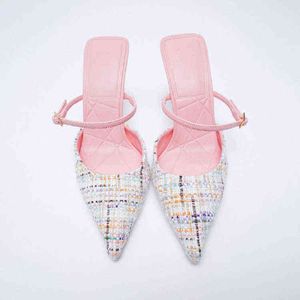 샌들 여성 신발 여러 가지 빛깔의 뾰족한 발가락 슬리퍼 여름 럭셔리 소프트 하이힐 디자이너 220303