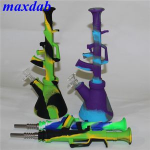 AK47 Silicone Bong hookah 10.6 Inch Beaker Base Water Pipes cartoon printing 14mm female unbreakable bongs with Glass Bowl and titanium tip