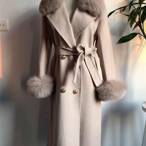 Women Cashmere Coat with Real Fox Fur Collar and Cuff Long Warm High Quality Outwear with Belt LJ201128