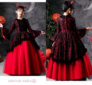 Black And Red Girls First Holy Communion Dresses Juliet Long Sleeve Lace Princess Halloween Christmas Party Dress For Little Girl