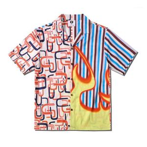 メンズカジュアルシャツ火炎ストライプパッチワークビンテージストリートファッションメンズシャツ夏ハワイアンS-XL1