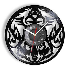 アルファ男性ウルフビニールレコード壁掛け時計野生生物壁の装飾森林動物の狼トーテムアートワークビンテージ壁掛け時計ぶら下がっている腕時計H1230