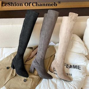 High Quality Over the Knee Boots Dress Shoes Women Elastic Stretch Faux Suede Over the knee Thigh Boot Black Nude Gray Bota