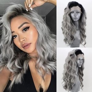 Ombre grå färg värmebeständig fiber hår syntetisk spets fram peruk lång vågig två ton grå cosplay peruker för kvinnor