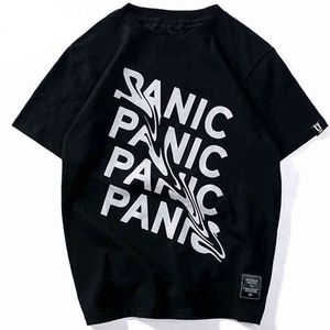 LACIBLE Men Panic Tshirt Cotton Streetwear Tops Tees Summer Short Sleeve Bending Creative Letters Hip Hop T-shirts Black G1229