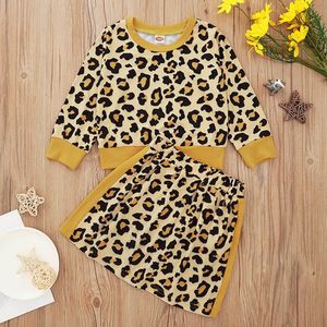 Ins Fashion Leopard Print Girls Passar Girls Outfits Långärmad T-shirt Toppar + Skirts 2st / Set Girls Boutique Outfits Girl Clothes