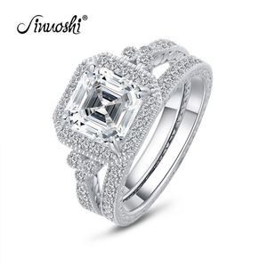 Ainuoshi 3 karat Asscher klipp halo ring set simulerat diamant engagemang bröllop sterling silver ring set smycken för kvinnor y200107