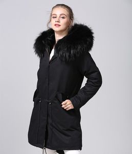 Clássico preto pele de guaxinim guarnição mukla peles marca preto rex coelho forro de pele preto longo feminino parkas jaquetas de neve