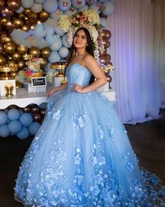 Light Blue 3D Flowers Quinceanera Dresses Pearls Floral Lace Beaded Strapless Lace-up Tulle Ball Gowns Dress Women Formal Prom Gown Long