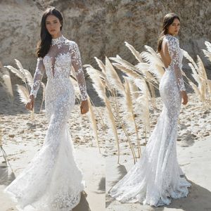 2021 레이스 웨딩 드레스 높은 칼라 긴 소매 아플리케 신부 드레스 맞춤 제작 할로우 맨 스윕 기차 인어 웨딩 드레스