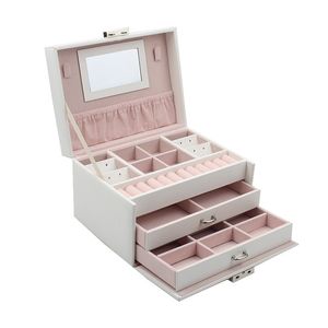 3-lager PU Smycken Box Organizer Stor Ring Halsband Visa Makeup Hållare Fodral Läderfodral med lås för kvinnor 220309