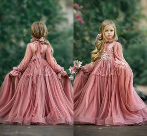 Maroon Flower Girl Sukienki na Wesela Z Długim Rękawem Koronki Koraliki Dziewczyny Korant Sukienka Długość Piętro Długość Dzieci Urodziny Communion Dress