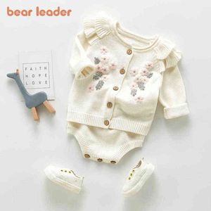 Bear Leader Newborn Infant Baby Girl White Embroidery Flowers Clothing Fashion Cardigans Rompers Toddler Knitted Clothes Outfits Y220310