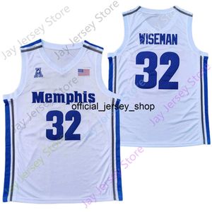 2020 Nuova maglia da basket Memphi Tigers College NCAA 32 James Wiseman Bianco Blu Tutte cucite e ricamate da uomo Taglia giovanile