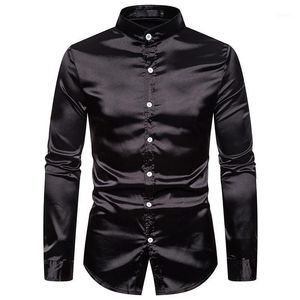 Mäns Casual Shirts Mens Mandarin Collar Silk Satin Klänning 2021 Märke Regular Fit Långärmad T-shirt Män Business Camisa Masculina1