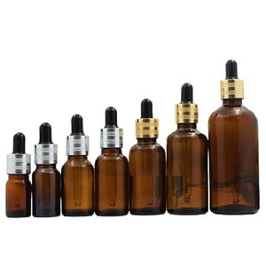 Braune Tropfflasche aus Glas, schwarzer Gummideckel, Sand, Gold, Silberring, leere Kosmetikverpackung, Essenz, ätherisches Öl, Pipettenfläschchen, 5 ml, 10 ml, 15 ml, 20 ml, 30 ml, 50 ml, 100 ml