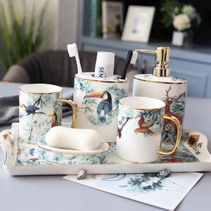 Western Fantasy Jungle Toothbrush Holders Ceramic Luxury Brushing Cup Set With Gold Rim for Family Washroom Couple Gift