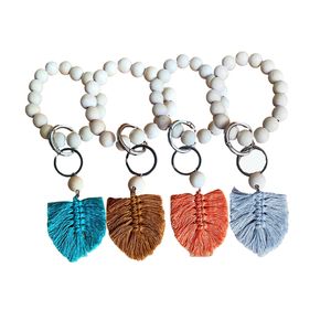 Party Wooden Bead Armband Keychain Pure Wood Color Chain Cotton Tassel Keying With Alloy Ring Wood Beaded Decoration Pendant