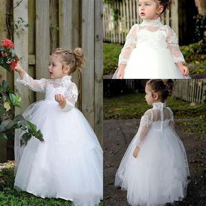 Stupy Princess Flower Girl Dresses Appliques White Lace Appliques Sheer Cleeve High Collar Obito da ballo First Communione Birthday Abito