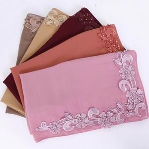 venda monocromático quente Chiffon lenço Malásia populares bordados étnicos flor dupla xale capa