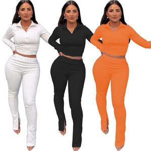 Haoyuan Sexy dois pedaço conjunto de manga longa top + calças split laterais cair roupas para mulheres tracksuit club outfits conjuntos de correspondência 201007