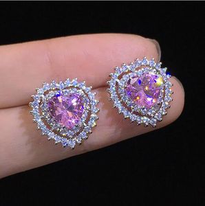 Women's Pink Ruby Earrings Heart Shape Gem Stone Pink Lab Ruby Earrings Copper Cubic Zirconia Bling Earrings Hip hop Jewelry