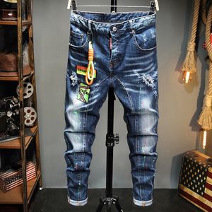 Slim Patch Mens Jeans Stretch Stampato Pipped Sbiancato Pantaloni Blu Pantalones Para Hombre Vaqueros