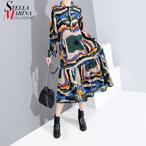 Long Sleeve Woman Autumn Winter Multicolor Midi Shirt Dress Sashes Geometrical Printed Ladies Elegant Party Dress Robe 5610 201126