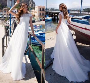 Pizzo Beach Boho Garden Maternità Abiti da sposa per le donne incinte Vita impero Gioiello Collo Maniche ad aletta Robes de Mari￩e Una linea Chiffon Sweep Train Abiti da sposa CL0063