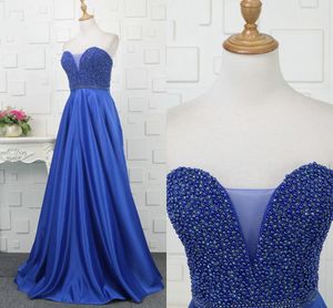 Królewska niebieska perłowa sukienka wieczorna Zużycie suknie balowe długie bez ramiączek sukienki satynowe księżniczka a-lini